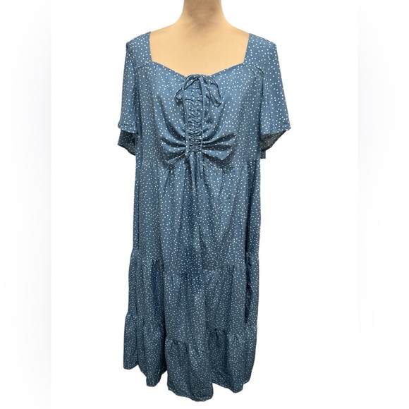 New Bloom Chic Womens US 22 24 Blue Polka Dot Ruched Front Tiered Midi Dress NWT - Picture 2 of 13